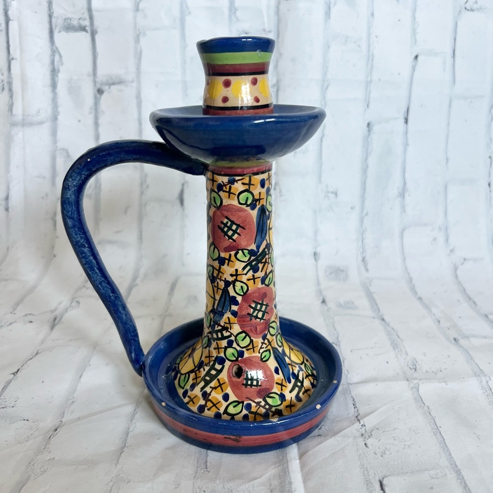 Vintage Handmade Spanish Pottery Candle Holder Blue Floral Painted Chamberstick